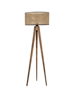 Vivense Silindir Tripod Lambader, Yanık Ayak, Rattan Abajurlu