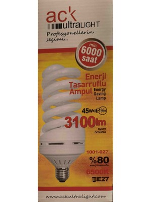 Ack 45W Büyük Spiralli Tasarruflu Ampul E27 Duy 220 Volt Beyaz Işık 45W=196W 3100 Lümen