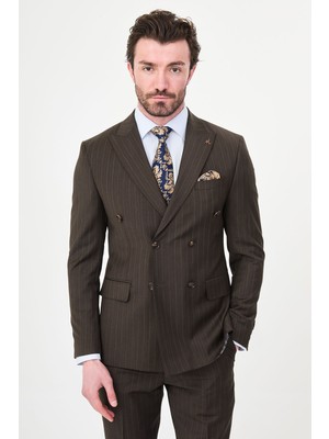 MCR Çizgili Slim Fit Geniş Yaka Kruvaze Premium Yün Erkek Takım Elbise