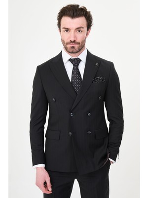 MCR Çizgili Slim Fit Geniş Yaka Kruvaze Premium Yün Erkek Takım Elbise