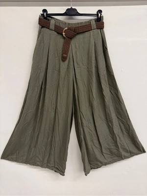Della Moor Haki Kadın Italyan Dev Geniş Paça Kemerli Beli Lastikli Tencel Kumaş Salaş Etek Pantolon
