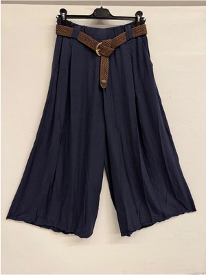 Della Moor Lacivert Kadın Italyan Dev Geniş Paça Kemerli Beli Lastikli Tencel Kumaş Salaş Etek Pantolon