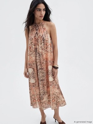 LC Waikiki Lcw Vision Kahverengi Halter Yaka Desenli Büzgülü Elbise