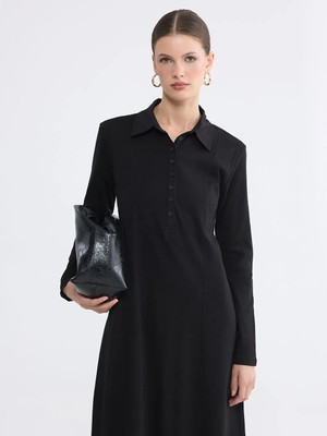 LC Waikiki Lcw Everyday Siyah Gömlek Yaka Belden Oturmalı Elbise