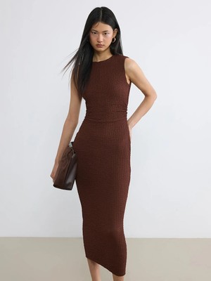 LC Waikiki Lcw Vision Kahverengi Dokulu Büzgülü Bodycon Elbise