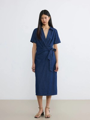 LC Waikiki Lcw Vision Indigo Gömlek Yaka Kuşaklı Jean Elbise