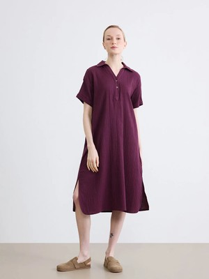 LC Waikiki Lcw Everyday Mürdüm Gömlek Yaka Dokulu Oversize Müslin Elbise