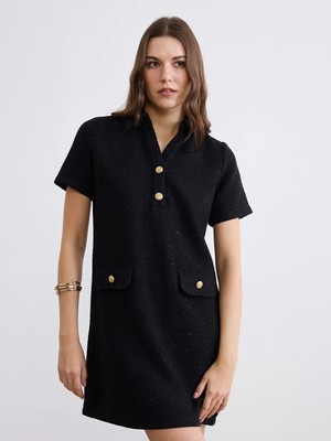 LC Waikiki Lcw Comfort Siyah Gömlek Yaka Tüvit Mini Elbise