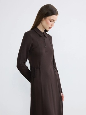 LC Waikiki Lcw Modest Kahverengi Gömlek Yaka Belden Oturtmalı Elbise