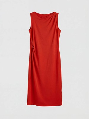 LC Waikiki Lcwaıkıkı Classic Kırmızı Kayık Yaka Büzgülü Elbise