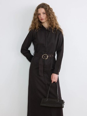 LC Waikiki Lcw Modest Kahverengi Gömlek Yaka Kemerli Jean Elbise