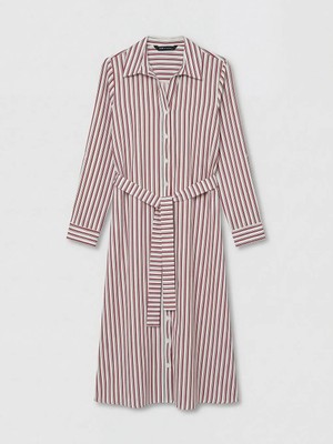 LC Waikiki Lcwaıkıkı Classic Kırmızı Beli Kuşaklı Çizgili Gömlek Elbise