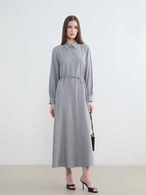 LC Waikiki Lcw Modest Gri Dokulu Kuşaklı Gömlek Elbise