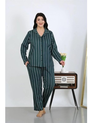 Genel Tedarik Kadın Büyük Beden Pamuklu Cepli Düğmeli Petrol Pijama Takım
