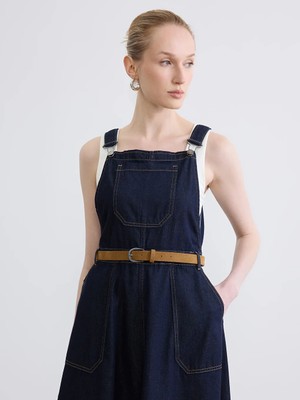 LC Waikiki Lcwaıkıkı Classic Indigo Kare Yaka Beli Kemerli Jean Salopet Elbise