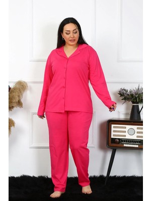 Genel Tedarik Kadın Büyük Beden Pamuklu Cepli Düğmeli Fuşya Pijama Takım