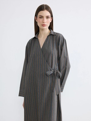 LC Waikiki Lcw Modest Gri Gömlek Yaka Çizgili A Kesim Elbise