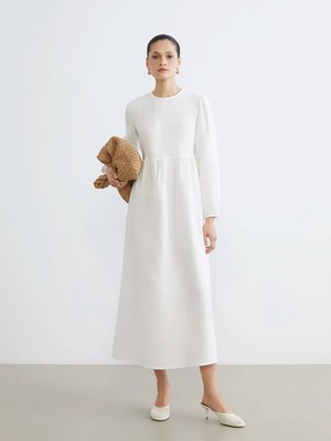 LC Waikiki Lcw Modest Ekru Bisiklet Yaka Balon Kollu Müslin Elbise