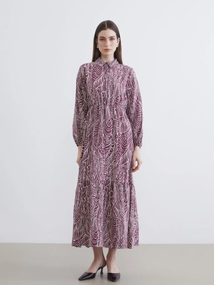 LC Waikiki Lcw Modest Bordo Gömlek Yaka Desenli Belden Oturtmalı Elbise