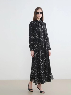 LC Waikiki Lcw Modest Siyah Puantiyeli Kuşaklı A Kesim Elbise