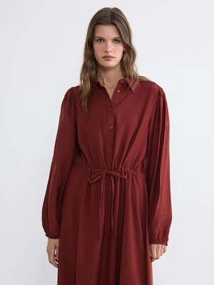 LC Waikiki Lcwaıkıkı Classic Turuncu Gömlek Yaka Büzgülü Elbise