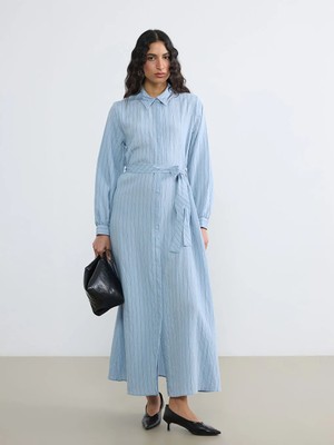 LC Waikiki Lcw Modest Mavi Çizgili Kuşaklı Poplin Gömlek Elbise