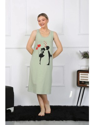 Genel Tedarik Kadın Kalın Askılı Penye Uzun Fıstık Yeşili Gecelik