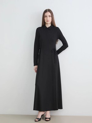 LC Waikiki Lcw Modest Siyah Gömlek Yaka Belden Oturtmalı Elbise