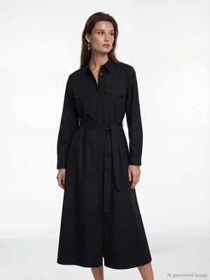 LC Waikiki Lcw Modest Siyah Kuşaklı Poplin Gömlek Elbise