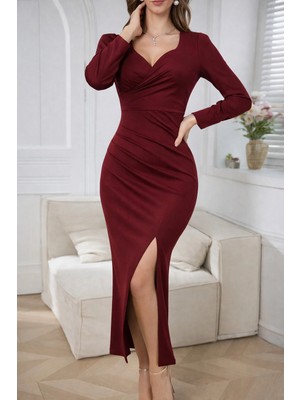 Secret Sita Kadın Uzun Kollu Kalp Yakalı Asimetrik Kesim Detaylı Ithal Krep Uzun Elbise