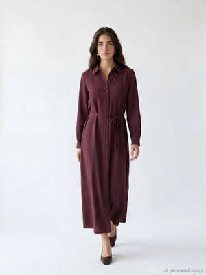 LC Waikiki Lcw Modest Bordo Dokulu Kuşaklı Gömlek Elbise