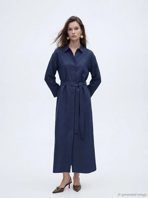 LC Waikiki Lcw Modest Lacivert Kuşaklı Keten Karışımlı Gömlek Elbise