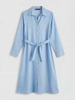 LC Waikiki Lcw Studıo Mavi Çizgili Kuşaklı Poplin Gömlek Elbise