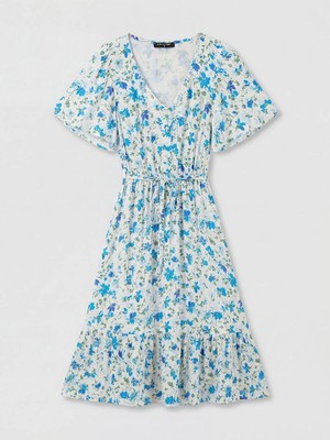 LC Waikiki Lcw Comfort Ekru V Yaka Çiçekli Belden Oturtmalı Elbise