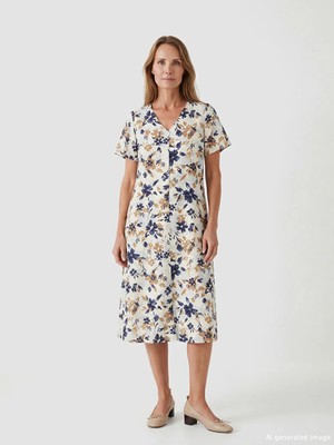LC Waikiki Lcw Grace Ekru V Yaka Çiçekli Poplin Elbise
