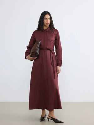 LC Waikiki Lcw Modest Bordo Kuşaklı Poplin Gömlek Elbise