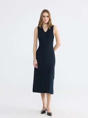 LC Waikiki Lcw Everyday Lacivert Polo Yaka Bodycon Triko Elbise