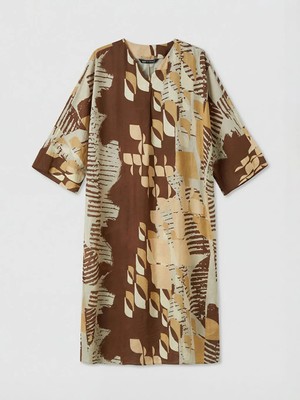 LC Waikiki Lcw Modest Kahverengi V Yaka Etnik Desenli Elbise