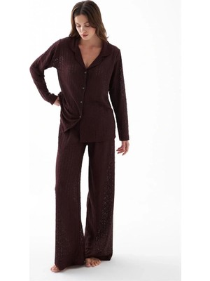 Genel Tedarik Kadın Mürdüm Önden Düğmeli Rahat Kesim Pijama Takımı – Günlük Ev Giyim Seti