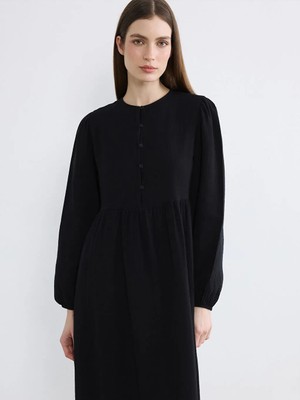 LC Waikiki Lcw Modest Siyah Bisiklet Yaka Büzgülü Müslin Elbise