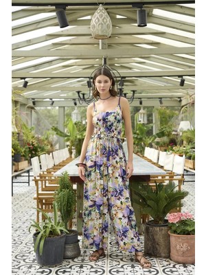 Genel Tedarik Çiçek ve Yaprak Desenli Ip Askılı Tulum