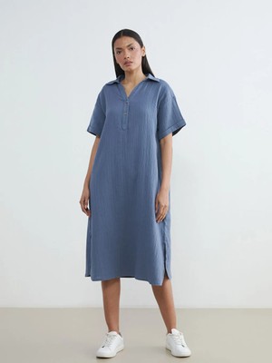LC Waikiki Lcw Everyday Mavi Gömlek Yaka Dokulu Oversize Müslin Elbise