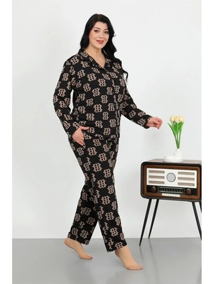 Genel Tedarik Kadın Büyük Beden Pamuklu Cepli Düğmeli Siyah Pijama Takım