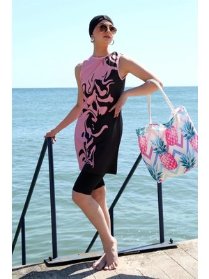 Genel Tedarik Sıfır Kol Desenli Yarım Tesettür Mayo Mor