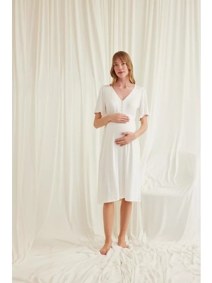 Genel Tedarik Dantelli Önü Düğmeli Hamile Lohusa Gecelik