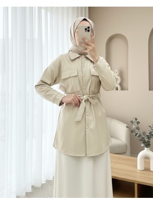 Modamorfo Beli Bağlamalı Çift Cepli Deri Gömlek  -Krem