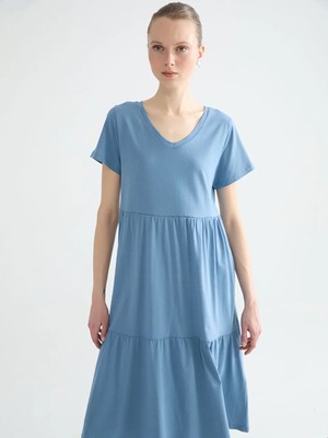 LC Waikiki Lc Waıkıkı Mavi V Yaka Katkat Elbise