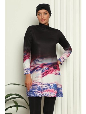 Genel Tedarik Tam Tesettür Dijital Desenli Mayo Siyah