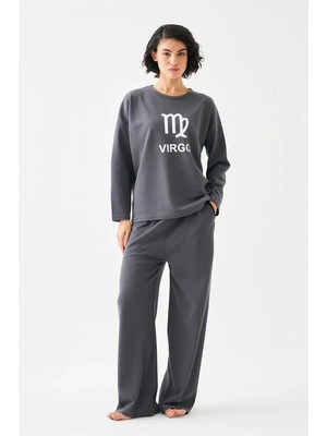 Genel Tedarik Kadın Füme Başak Burcu Oversize 2 Iplik Eşofman Ev Giyim Takımı