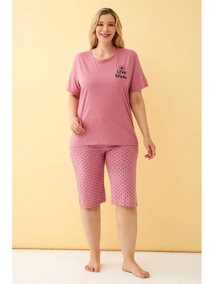 Genel Tedarik Kadın Somon “live The Dream” Yazılı Büyük Beden Kapri Pijama Takımı